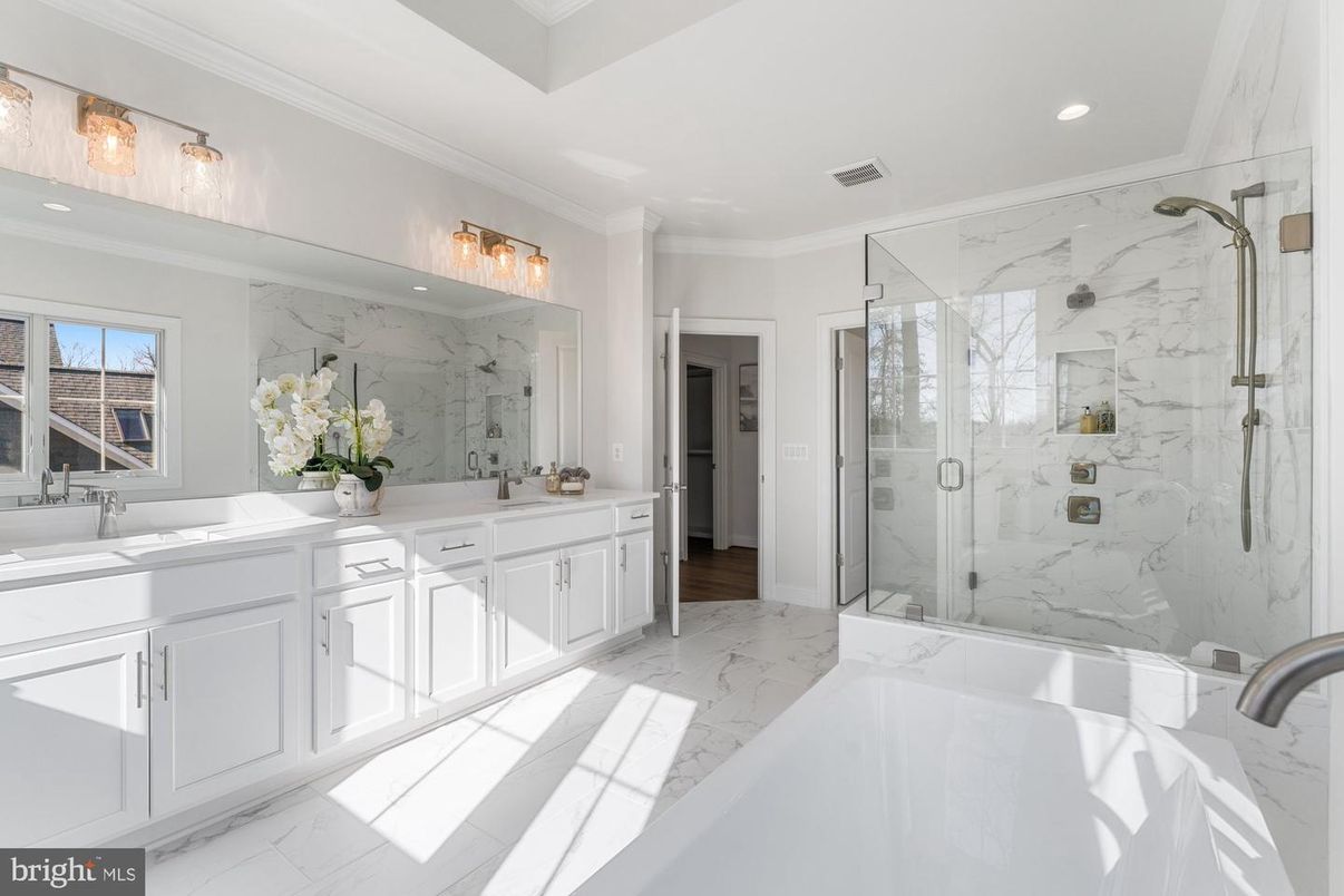 Bathroom, Dual Sink Vanities, Glass Shower, Interior, Marble, Marble Walls, Recessed Lighting