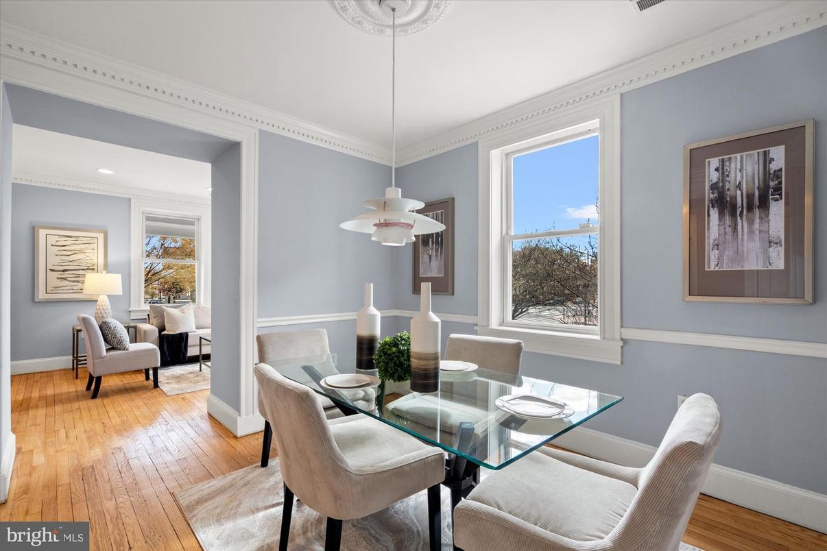 Dining room, Interior, Pendant Lights, Wood Texture Flooring