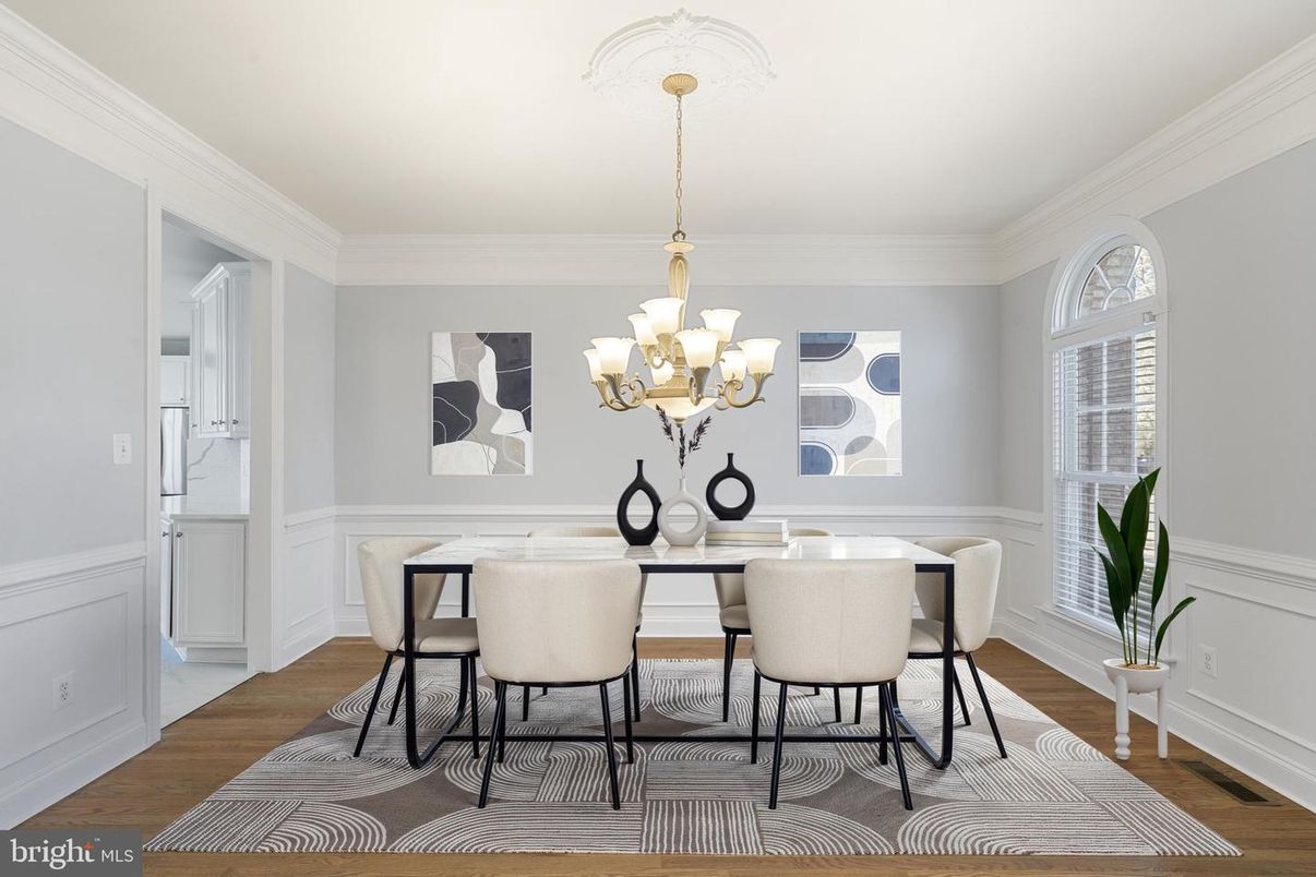 Chandelier, Dining room, Interior, Wood Texture Flooring
