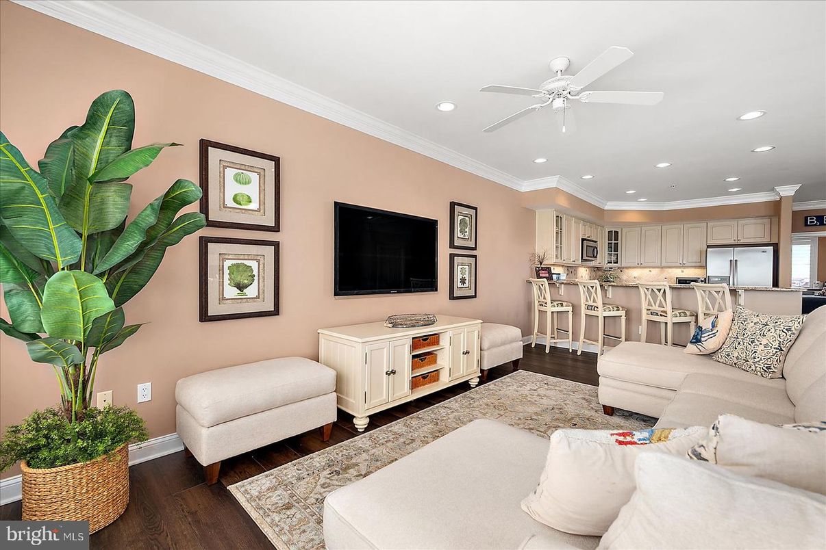 Interior, Kitchen, Living room, Recessed Lighting, Stainless Steel Appliances, Wood Texture Flooring