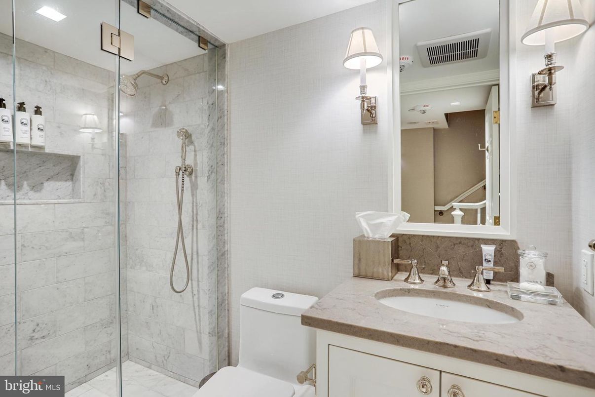Bathroom, Glass Shower, Interior, Marble Walls, Recessed Lighting