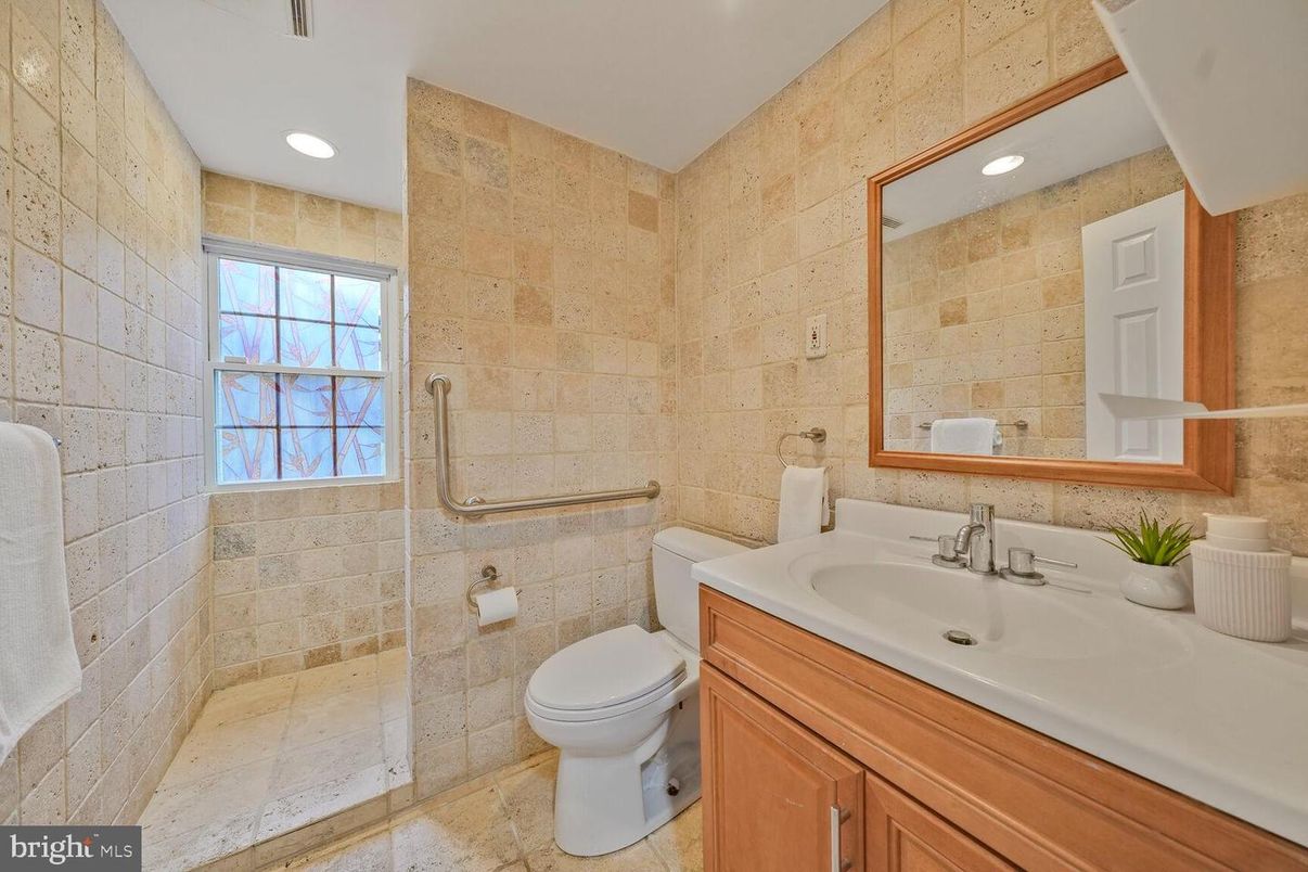 Bathroom, Glass Shower, Interior, Recessed Lighting, Stone Walls