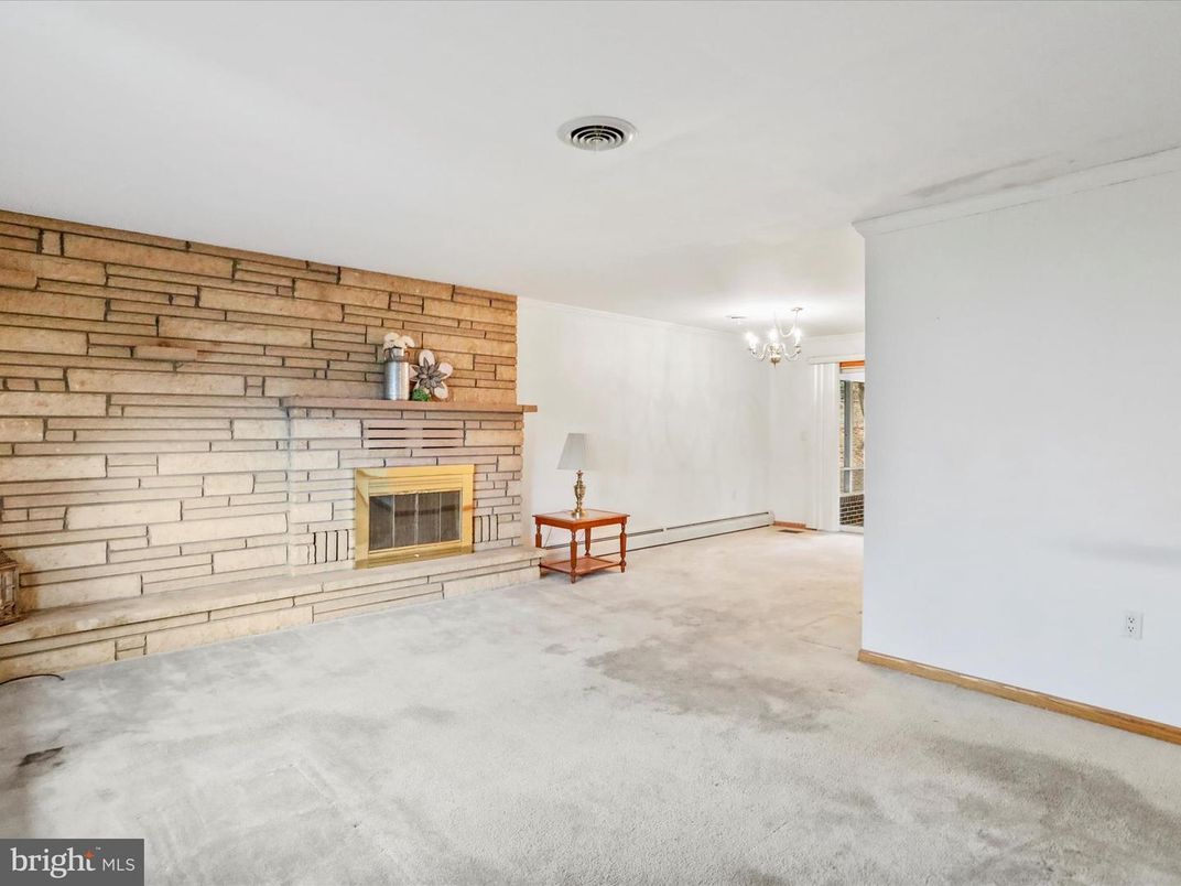 Chandelier, Empty room, Fireplace, Interior, Stone Walls