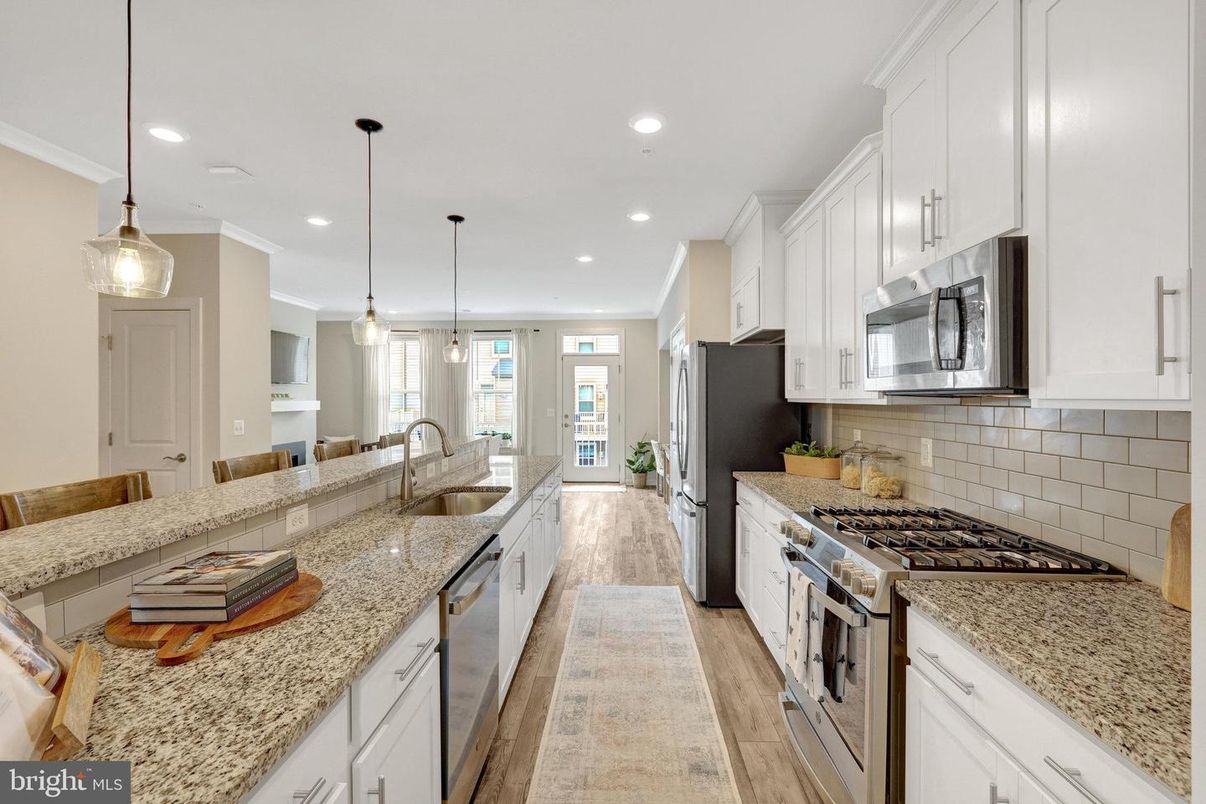 Interior, Kitchen, Pendant Lights, Recessed Lighting, Stainless Steel Appliances, Wood Texture Flooring
