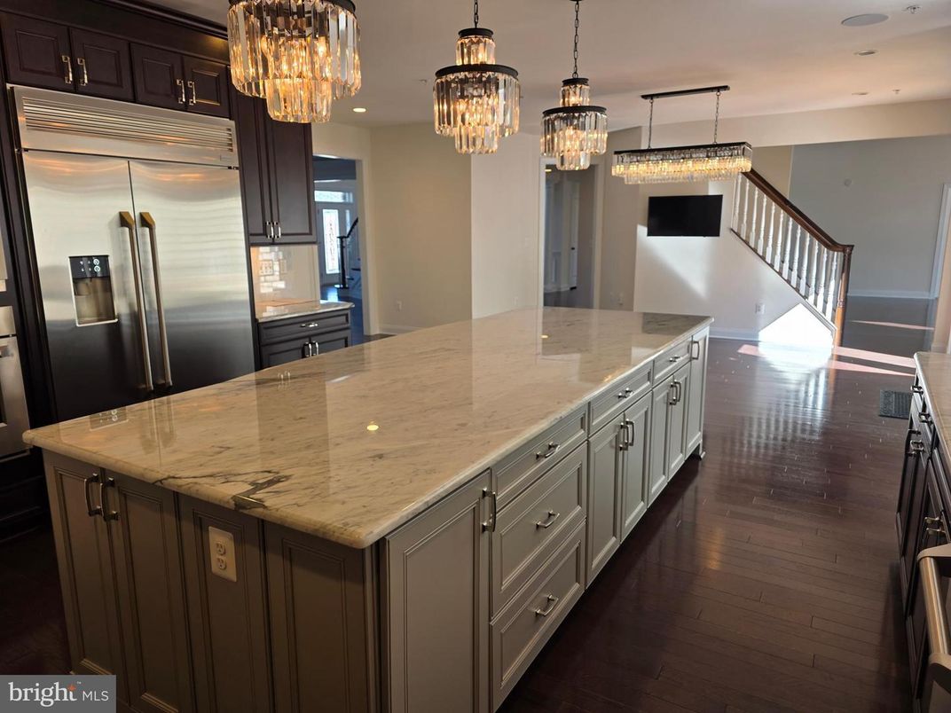 Chandelier, Interior, Kitchen, Recessed Lighting, Stainless Steel Appliances, Wood Texture Flooring