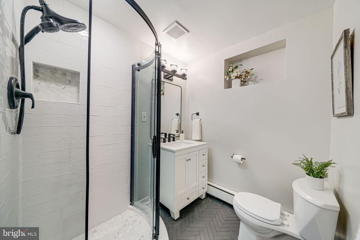 Bathroom, Glass Shower, Interior, Wood Texture Flooring