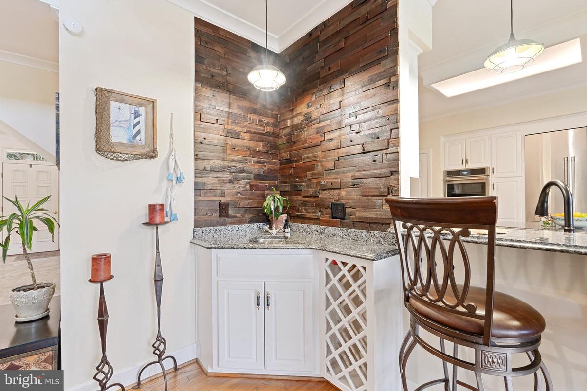 Interior, Kitchen, Pendant Lights, Stainless Steel Appliances, Stone Walls, Wood Texture Flooring, Wooden Walls