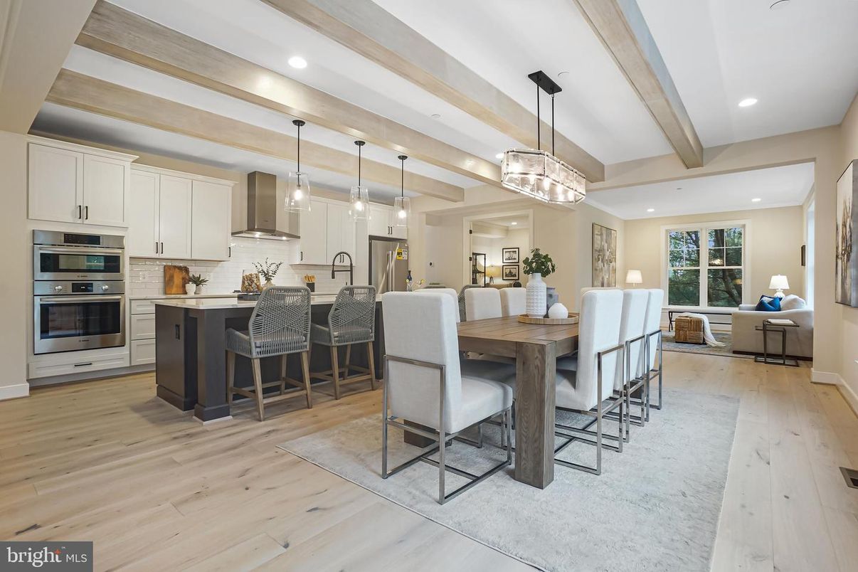 Dining room, Interior, Kitchen, Living room, Pendant Lights, Recessed Lighting, Stainless Steel Appliances, Wooden Beams, Wood Texture Flooring