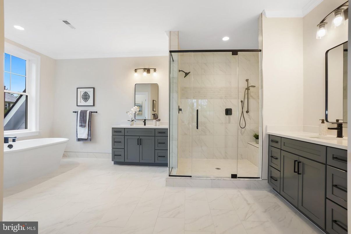 Bathroom, Dual Sink Vanities, Free Standing Baths, Glass Shower, Interior, Marble, Marble Walls, Recessed Lighting