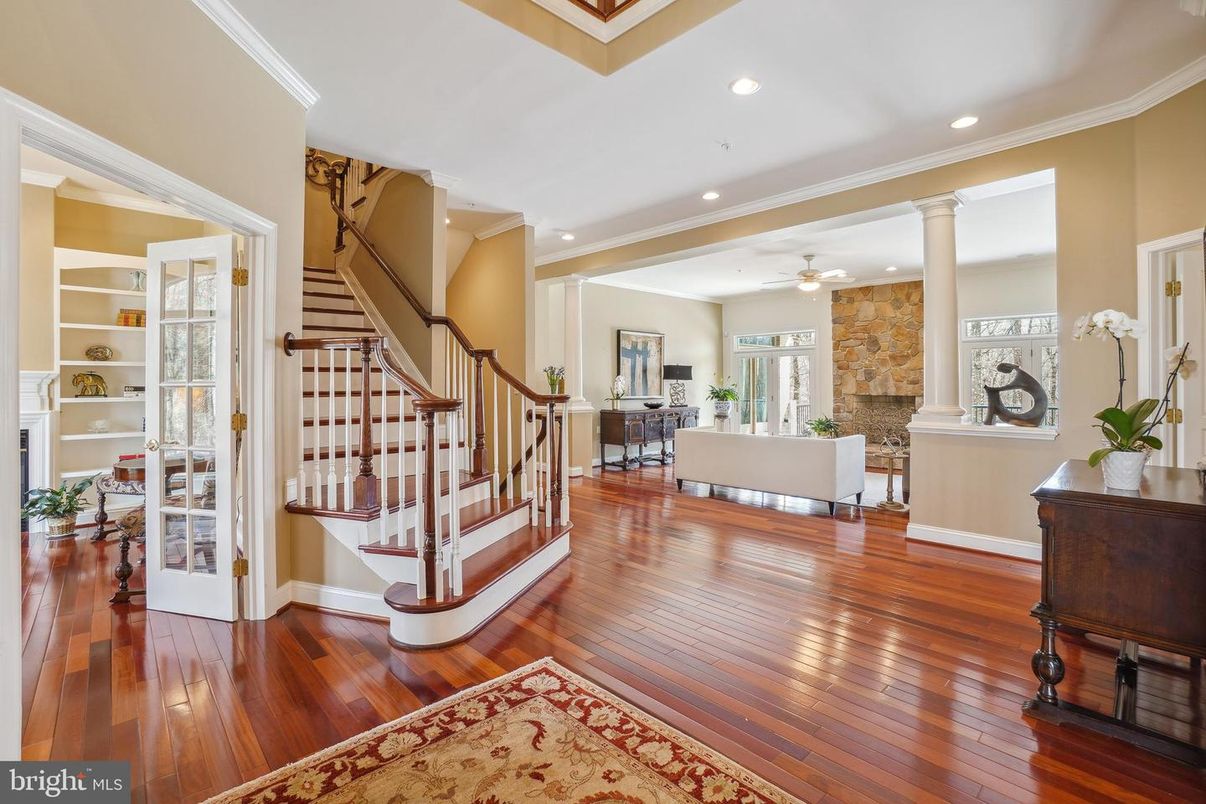 Fireplace, Interior, Living room, Recessed Lighting, Stone Walls, Wood Texture Flooring