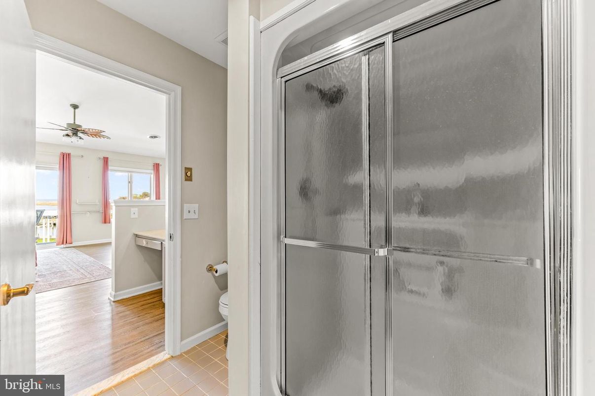 Bathroom, Glass Shower, Interior, Wood Texture Flooring