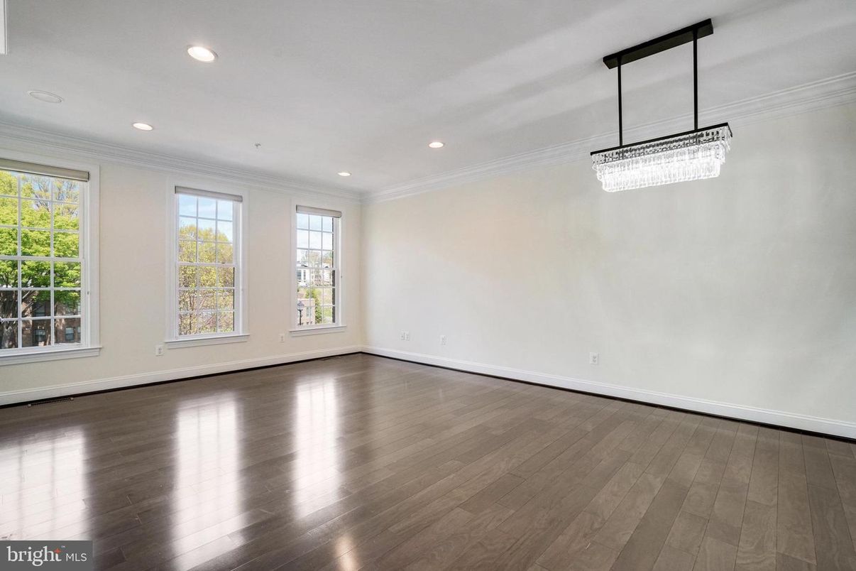 Chandelier, Empty room, Interior, Recessed Lighting, Wood Texture Flooring