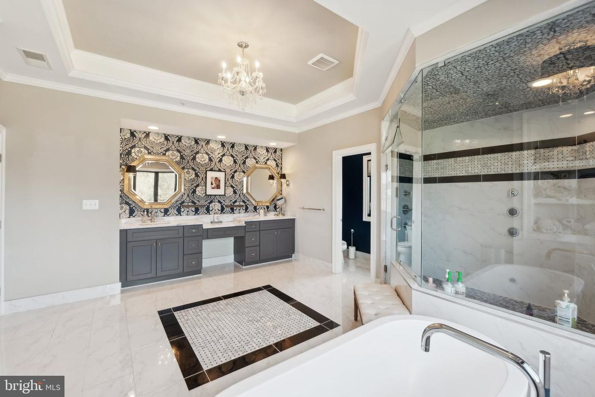 Bathroom, Chandelier, Dual Sink Vanities, Glass Shower, Interior, Marble, Recessed Lighting