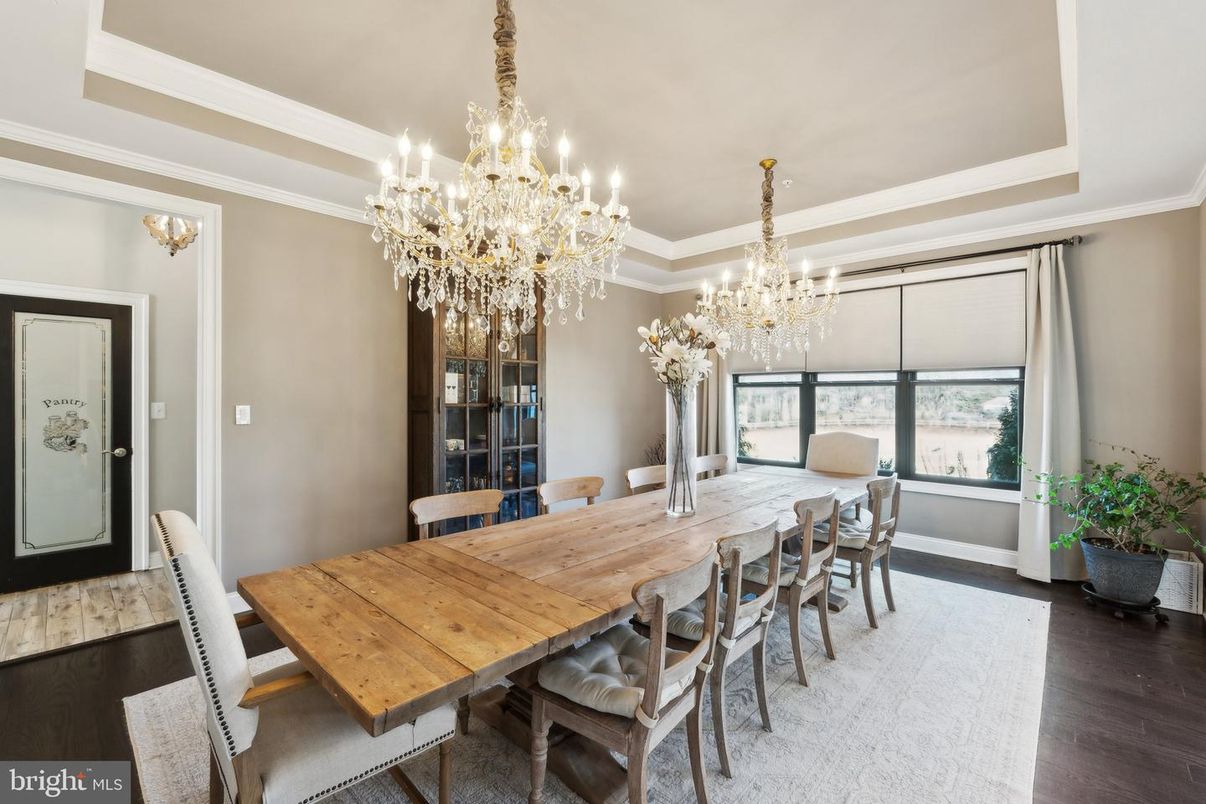 Chandelier, Dining room, Interior, Wood Texture Flooring
