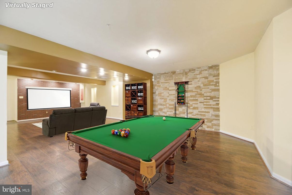 Billiard Table, Game Room, Interior, Stone Walls, Wood Texture Flooring