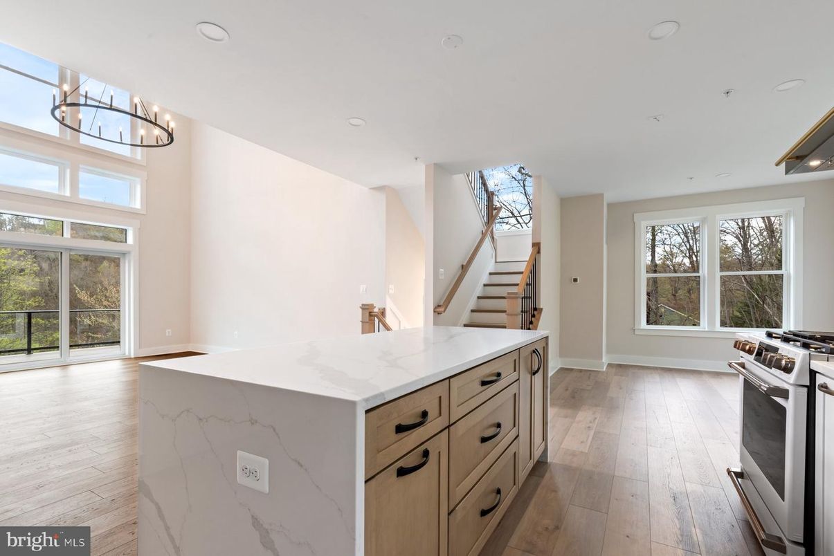 Chandelier, Interior, Kitchen, Recessed Lighting, Stainless Steel Appliances, Wood Texture Flooring