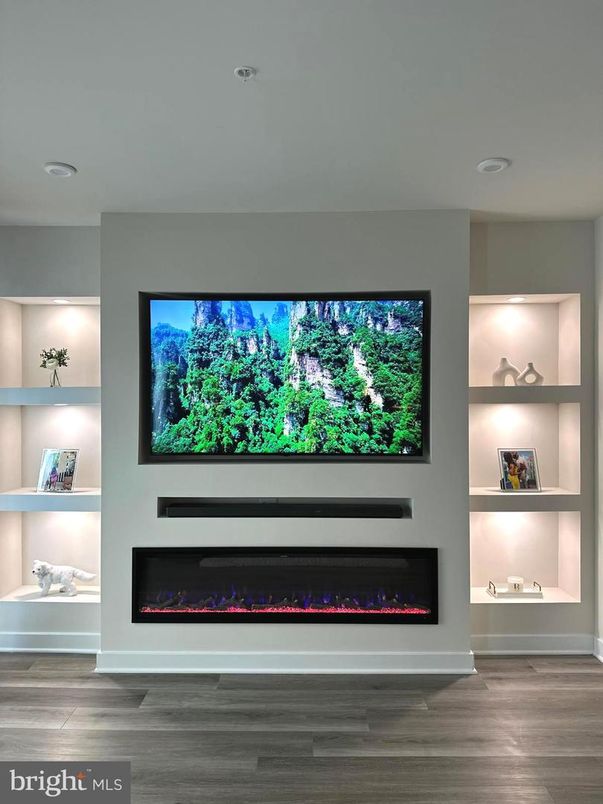 Fireplace, Interior, Recessed Lighting, Wood Texture Flooring