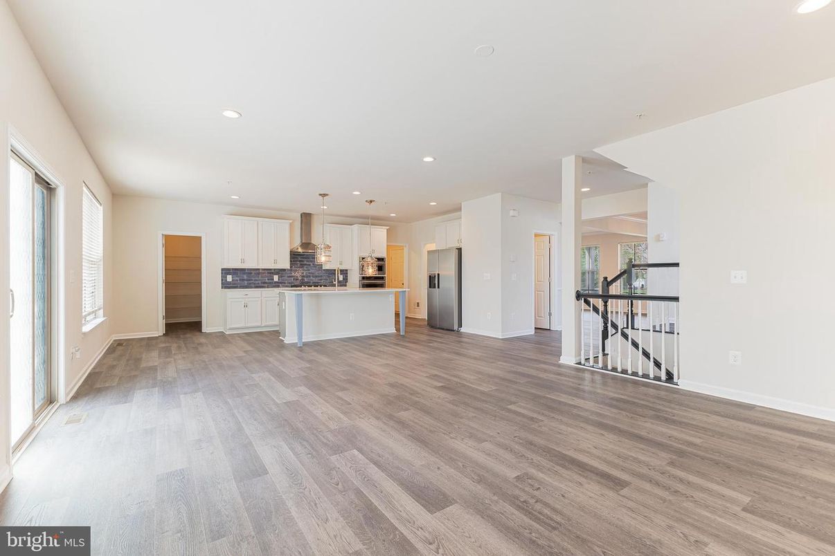 Empty room, Interior, Kitchen, Pendant Lights, Recessed Lighting, Wood Texture Flooring