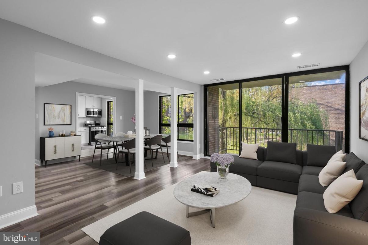 Dining room, Interior, Kitchen, Living room, Recessed Lighting, Stainless Steel Appliances, Wood Texture Flooring