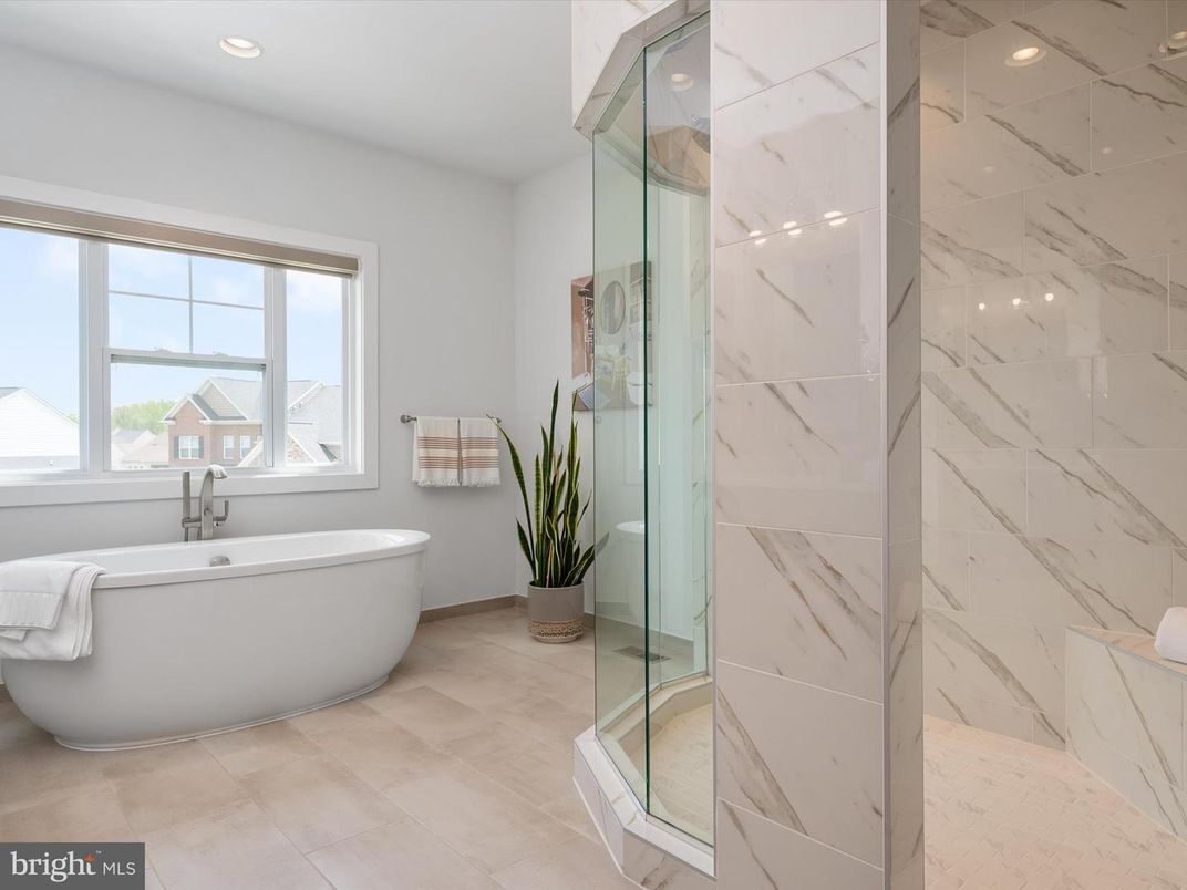 Bathroom, Free Standing Baths, Glass Shower, Interior, Marble Walls, Recessed Lighting