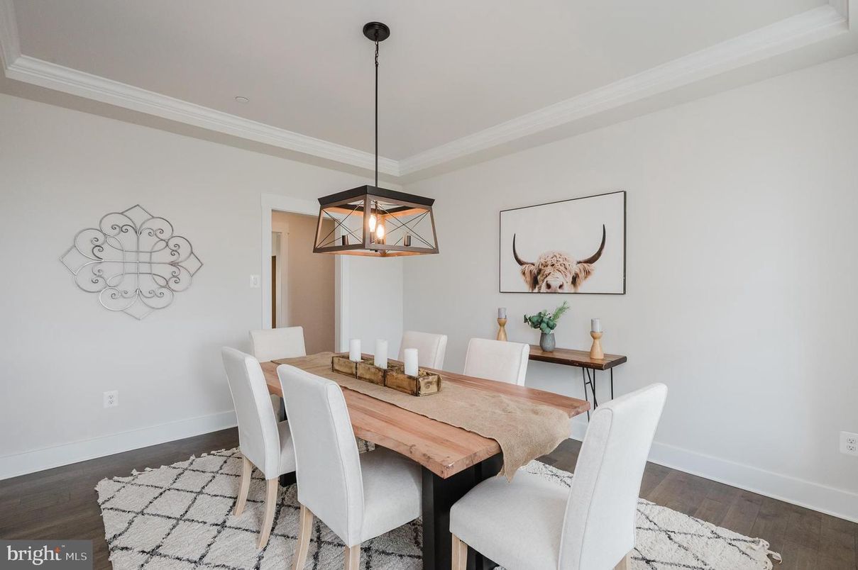 Dining room, Interior, Pendant Lights, Wood Texture Flooring