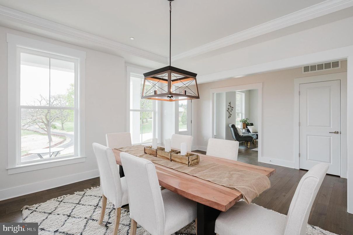 Dining room, Interior, Pendant Lights, Recessed Lighting, Wood Texture Flooring