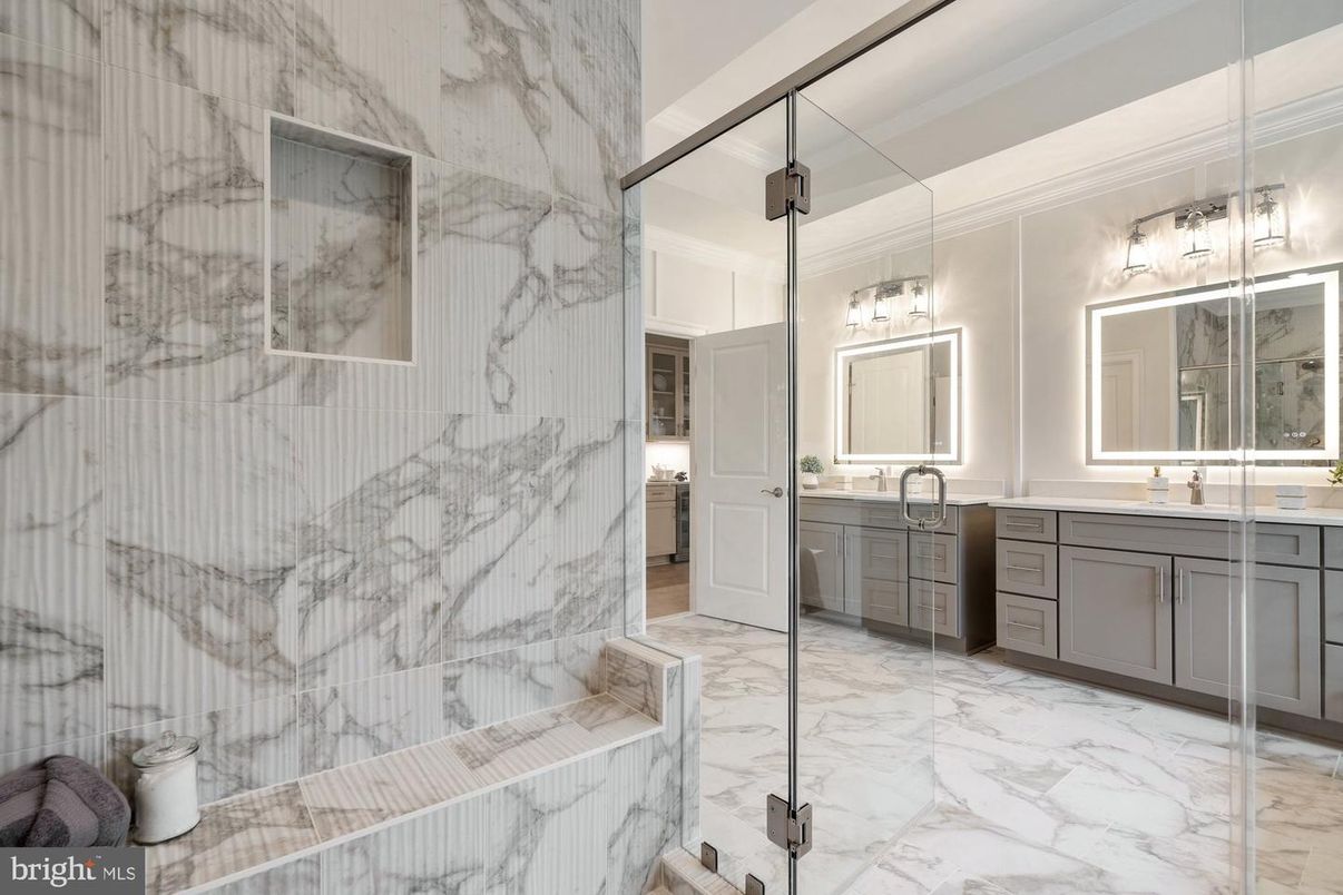 Bathroom, Dual Sink Vanities, Glass Shower, Interior, Marble, Marble Walls