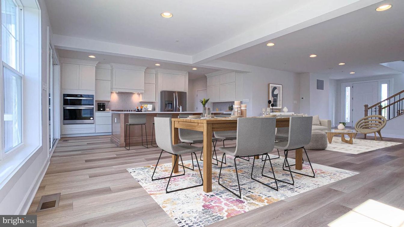 Dining room, Interior, Kitchen, Recessed Lighting, Stainless Steel Appliances, Wood Texture Flooring