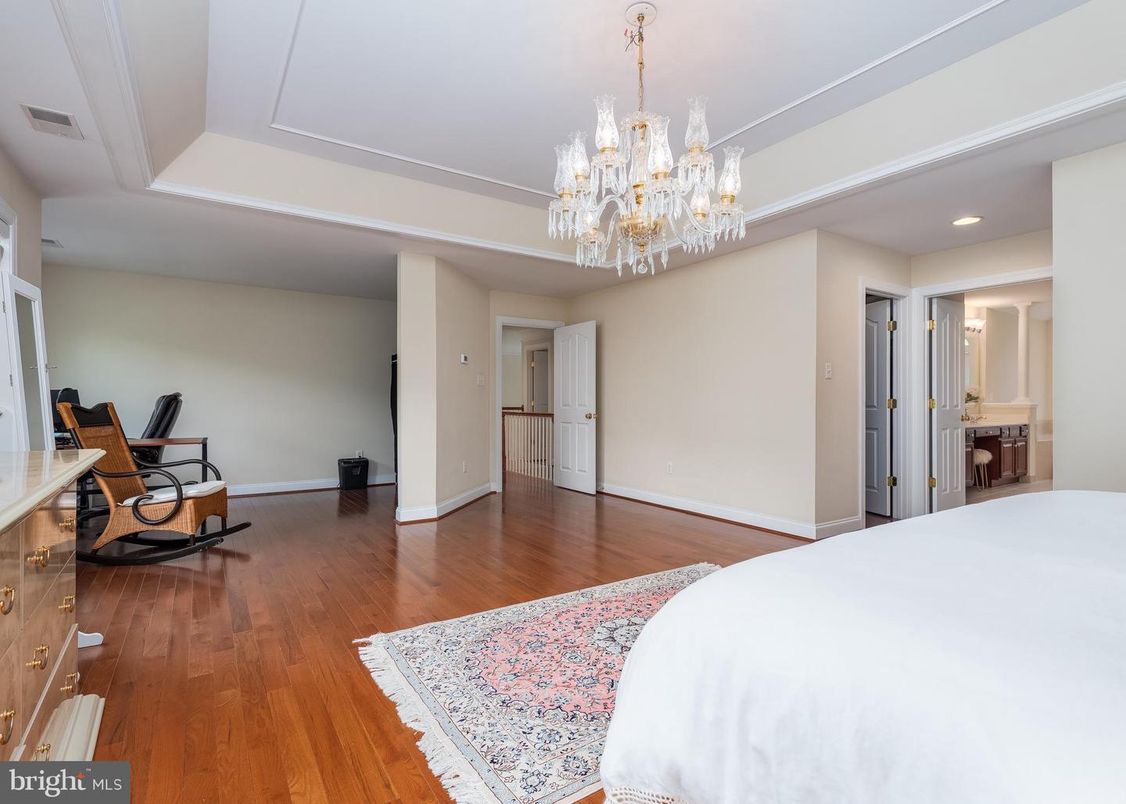 Bedroom, Chandelier, Interior, Recessed Lighting, Wood Texture Flooring