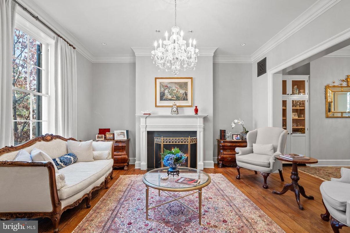 Chandelier, Fireplace, Interior, Living room, Recessed Lighting, Wood Texture Flooring