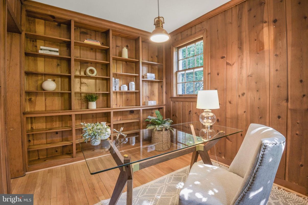 Home Office, Interior, Pendant Lights, Wood Texture Flooring, Wooden Walls