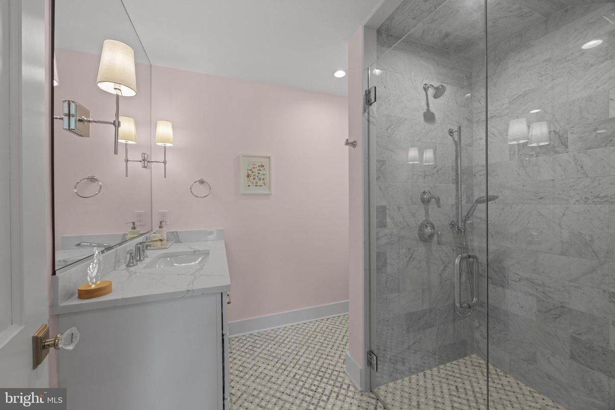 Bathroom, Glass Shower, Interior, Marble Walls, Recessed Lighting