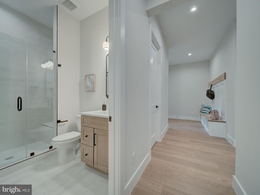 Bathroom, Glass Shower, Interior, Recessed Lighting, Wood Texture Flooring