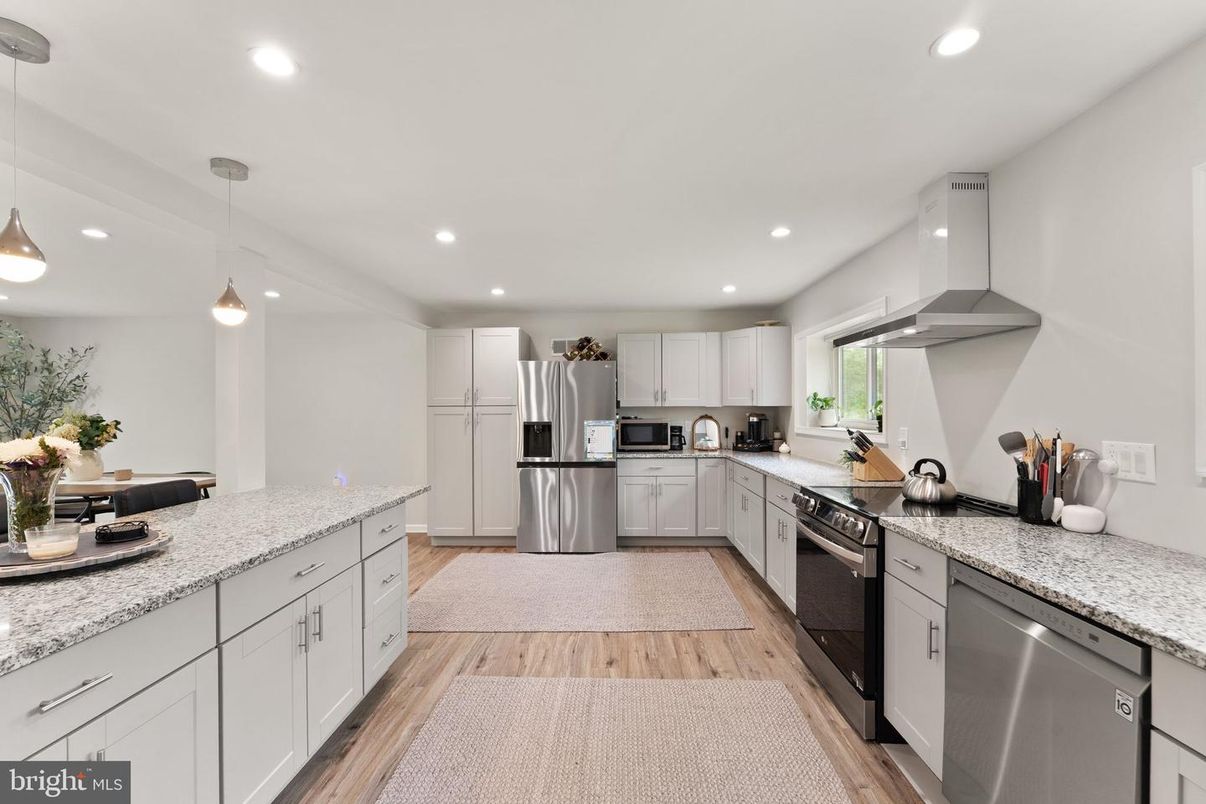 Interior, Kitchen, Pendant Lights, Recessed Lighting, Stainless Steel Appliances, Wood Texture Flooring