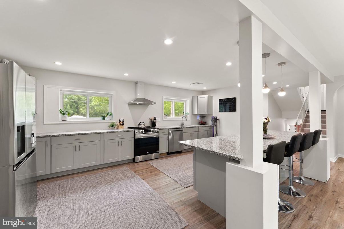 Interior, Kitchen, Pendant Lights, Recessed Lighting, Stainless Steel Appliances, Wood Texture Flooring