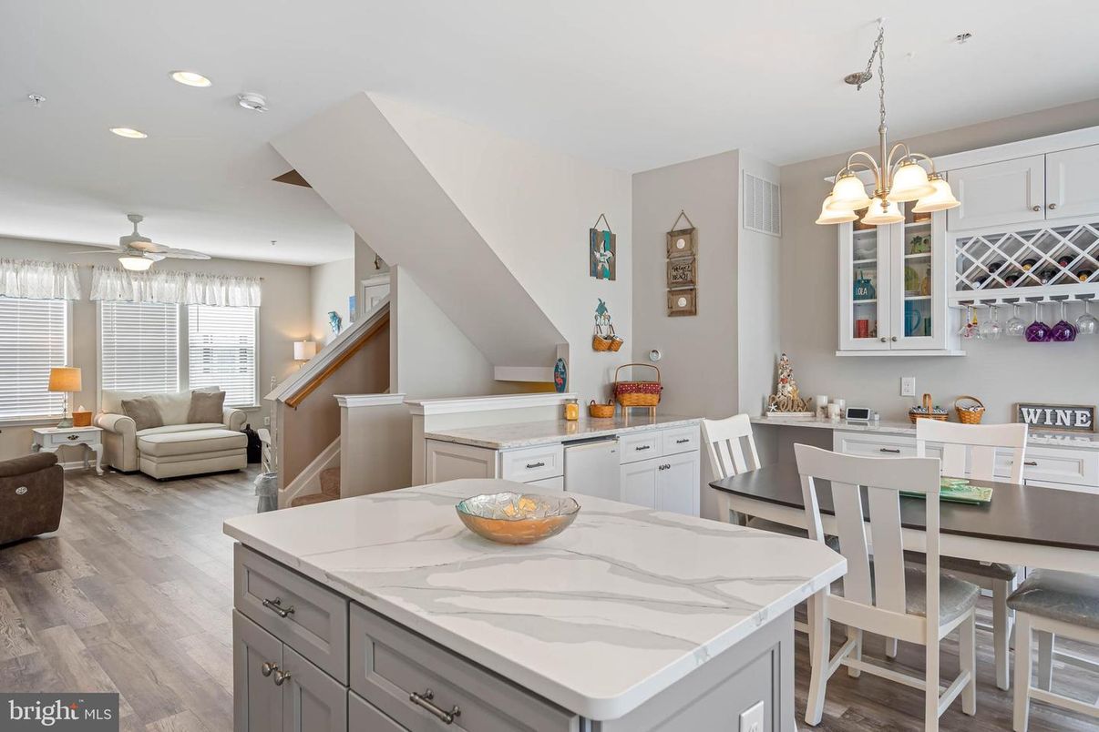 Chandelier, Dining room, Interior, Kitchen, Living room, Pendant Lights, Recessed Lighting, Wood Texture Flooring