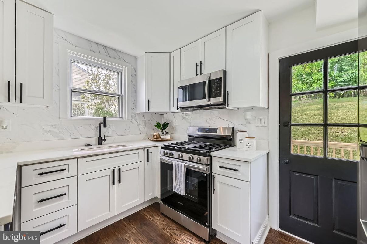 Interior, Kitchen, Marble Walls, Stainless Steel Appliances, Wood Texture Flooring