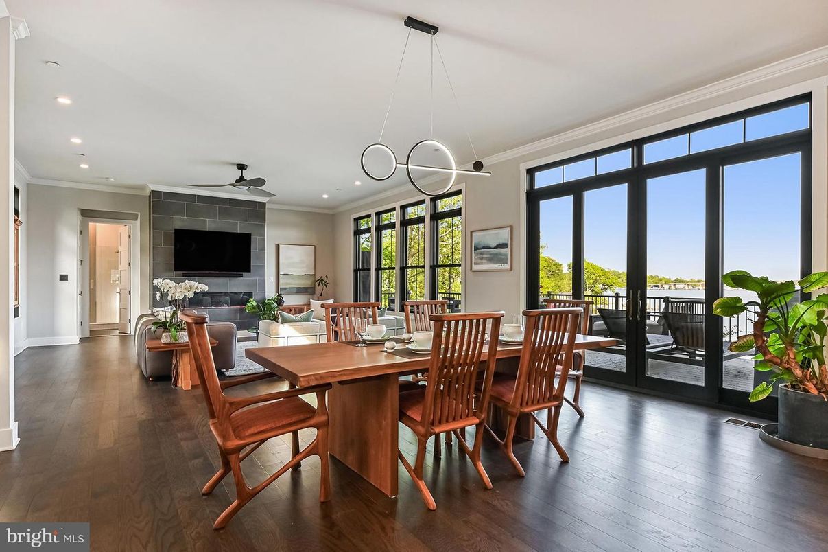 Dining room, Interior, Pendant Lights, Recessed Lighting, Wood Texture Flooring