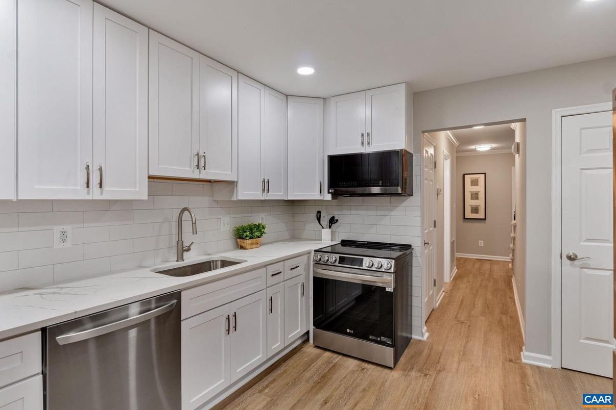 Interior, Kitchen, Recessed Lighting, Stainless Steel Appliances, Wood Texture Flooring