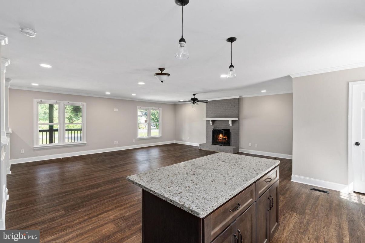 Empty room, Fireplace, Interior, Pendant Lights, Recessed Lighting, Wood Texture Flooring