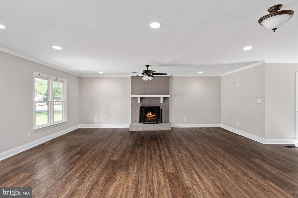 Empty room, Fireplace, Interior, Recessed Lighting, Wood Texture Flooring