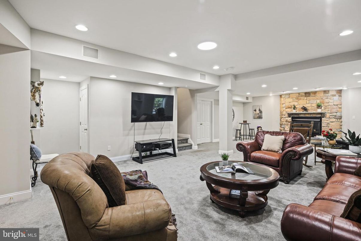Fireplace, Interior, Living room, Recessed Lighting, Stone Walls