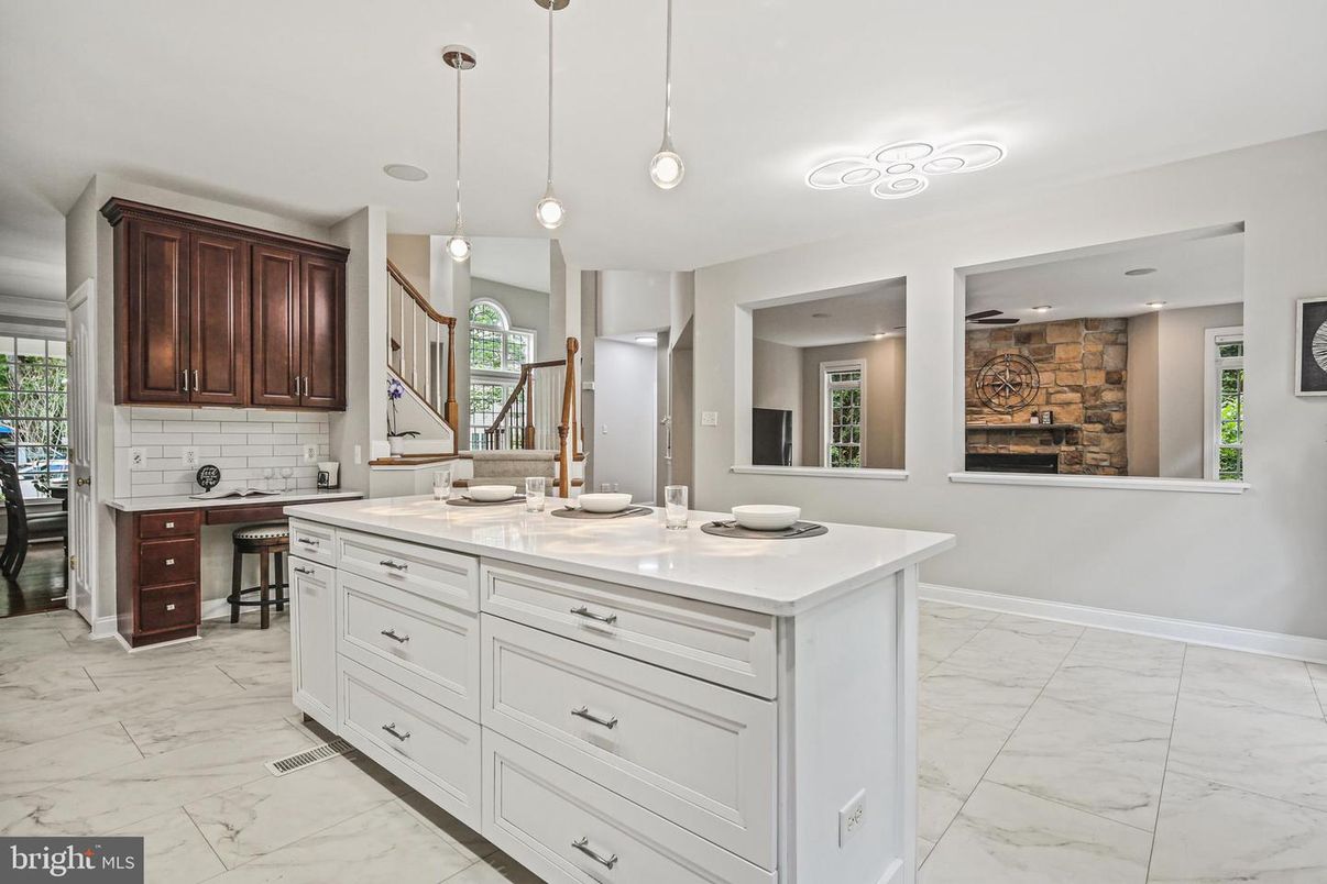 Interior, Kitchen, Marble, Pendant Lights, Recessed Lighting, Stone Walls