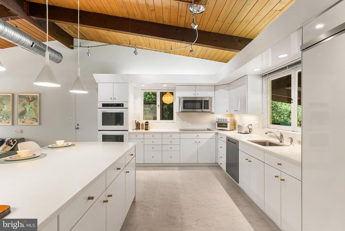 Interior, Kitchen, Marble, Pendant Lights, Recessed Lighting, Stainless Steel Appliances, Wooden Beams, Wooden Ceilings