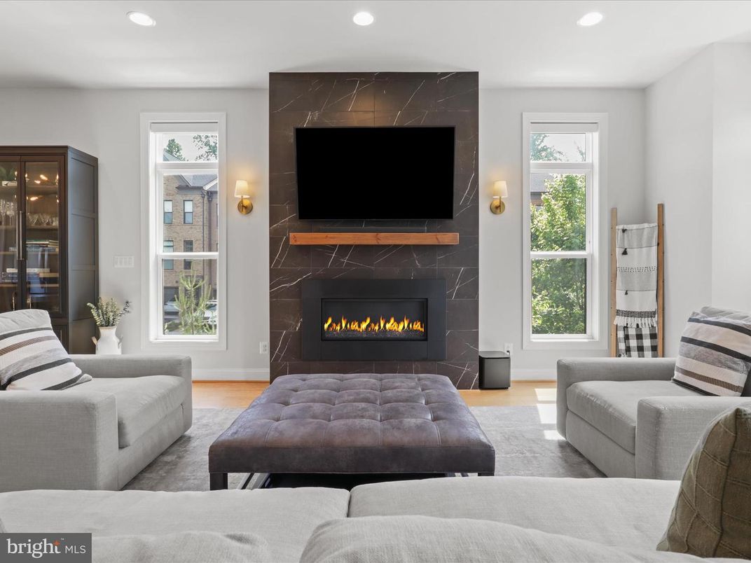 Fireplace, Interior, Living room, Recessed Lighting, Wood Texture Flooring