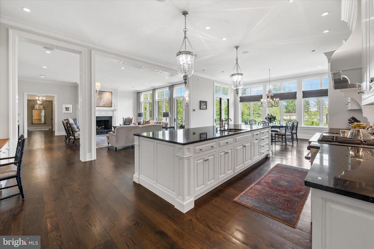 Dining room, Fireplace, Interior, Kitchen, Living room, Pendant Lights, Recessed Lighting, Wood Texture Flooring