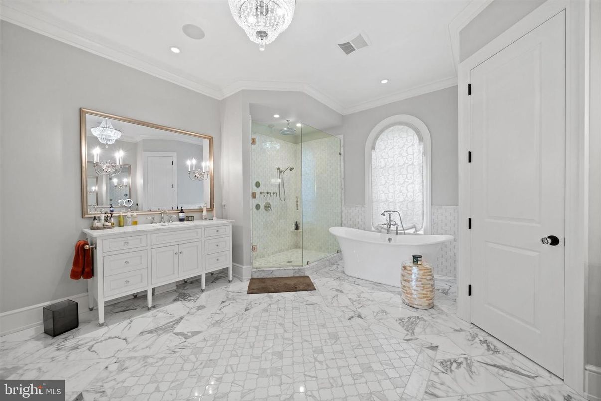 Bathroom, Chandelier, Free Standing Baths, Glass Shower, Interior, Marble, Recessed Lighting