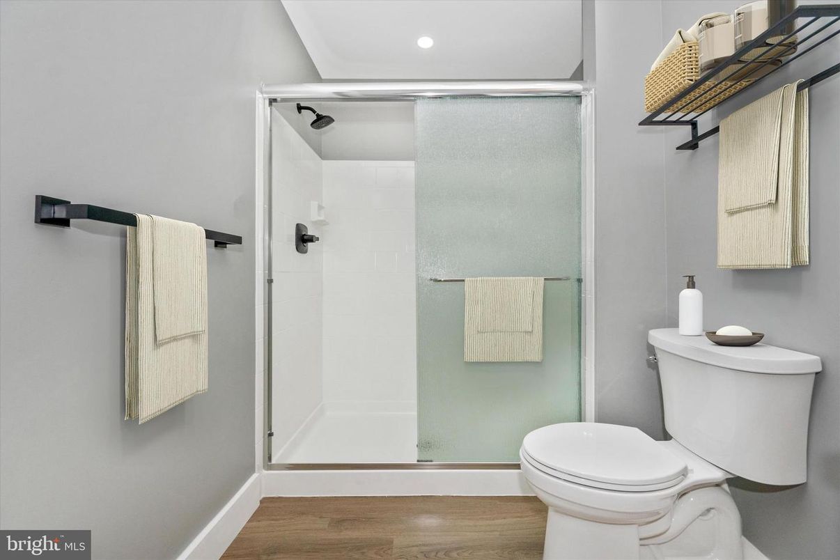 Bathroom, Glass Shower, Interior, Recessed Lighting, Wood Texture Flooring