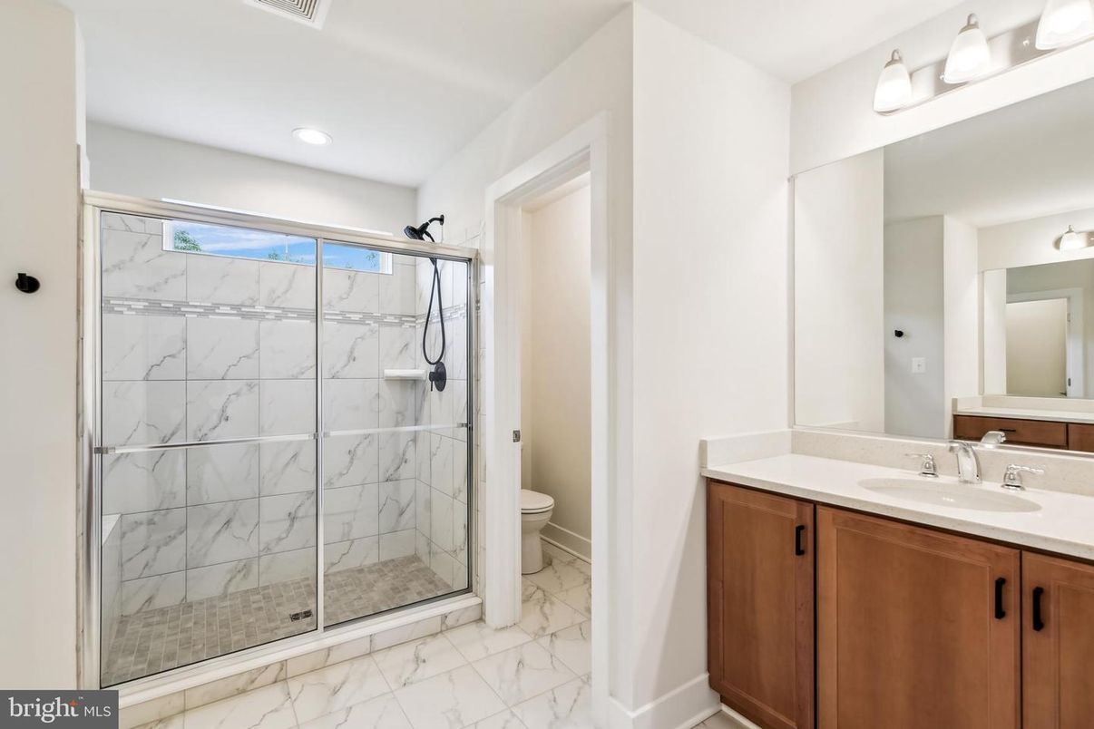 Bathroom, Glass Shower, Interior, Marble, Marble Walls, Recessed Lighting