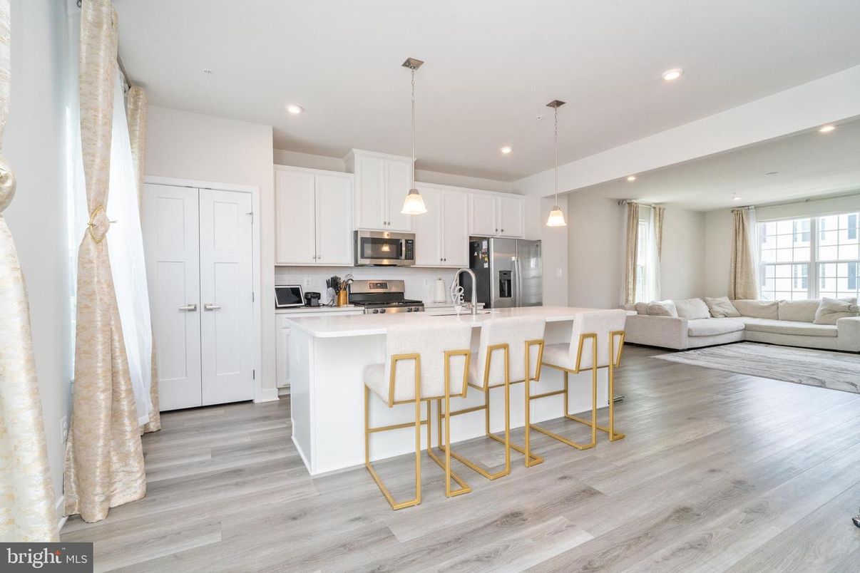 Interior, Kitchen, Living room, Pendant Lights, Recessed Lighting, Stainless Steel Appliances, Wood Texture Flooring